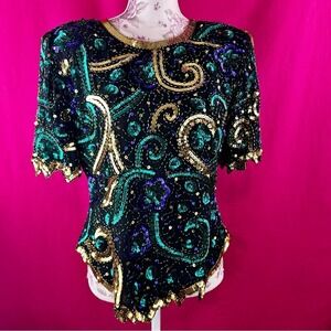 Vintage 80s Sequin Beaded Silk Large Top Laurence Kazar‎ Black Gold Mardi Gras